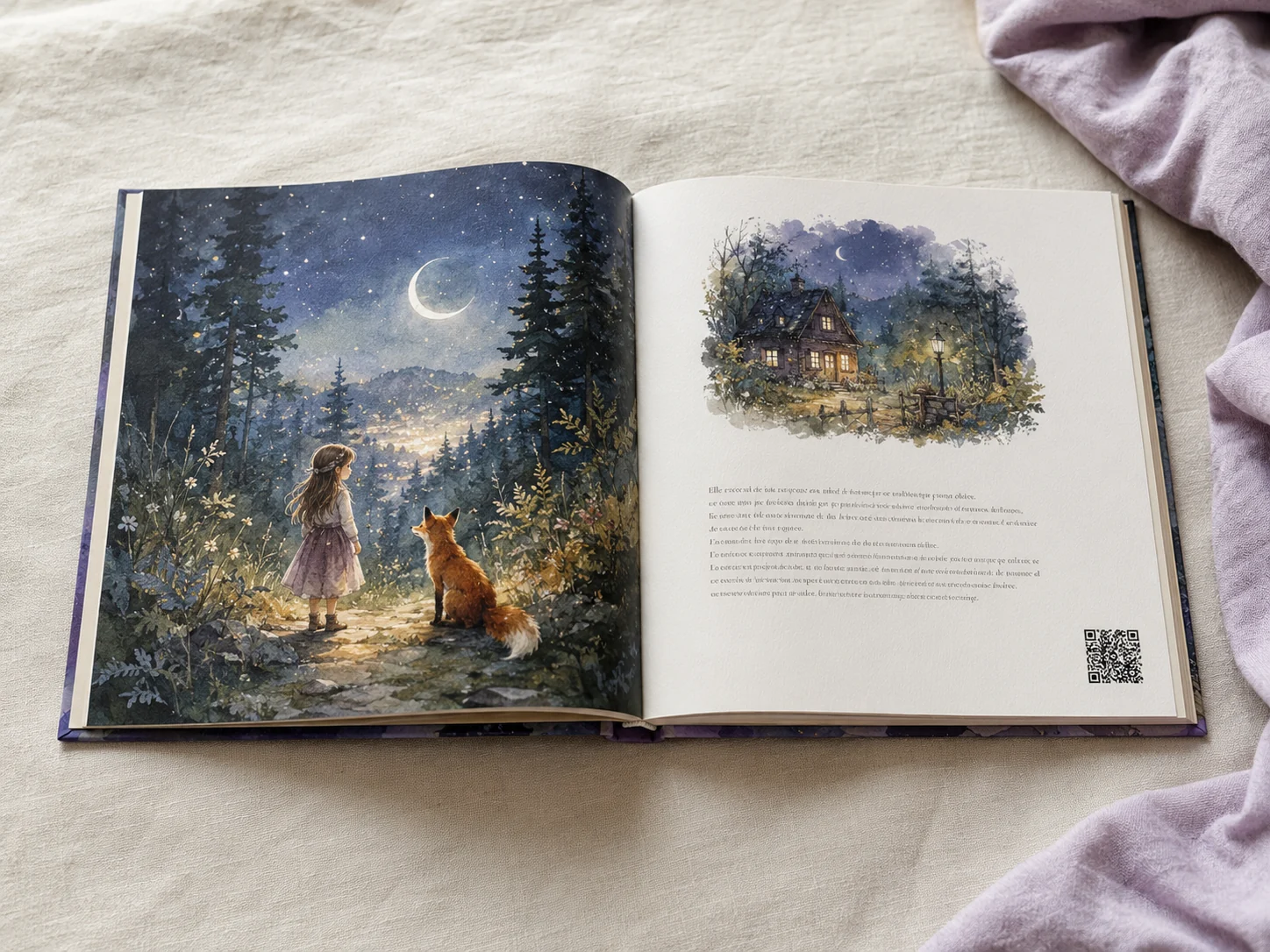 Le livre ouvert à plat : à gauche une illustration aquarelle pleine page d'un enfant et d'un renard sous la lune, à droite le texte de l'histoire mis en page et le QR code de la berceuse.