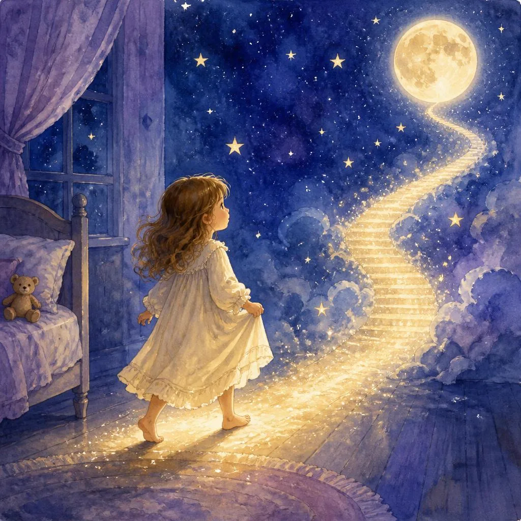 Judith pose un pied sur un escalier de lumière qui s'élève de sa chambre vers la lune.