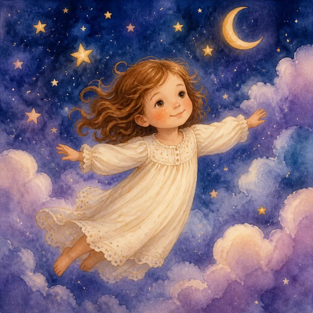 Judith flotte parmi les nuages et les étoiles, les bras grands ouverts, en souriant.