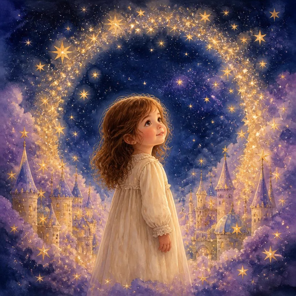 Judith debout dans un royaume de nuages, entourée d'une arche de milliers d'étoiles dorées.