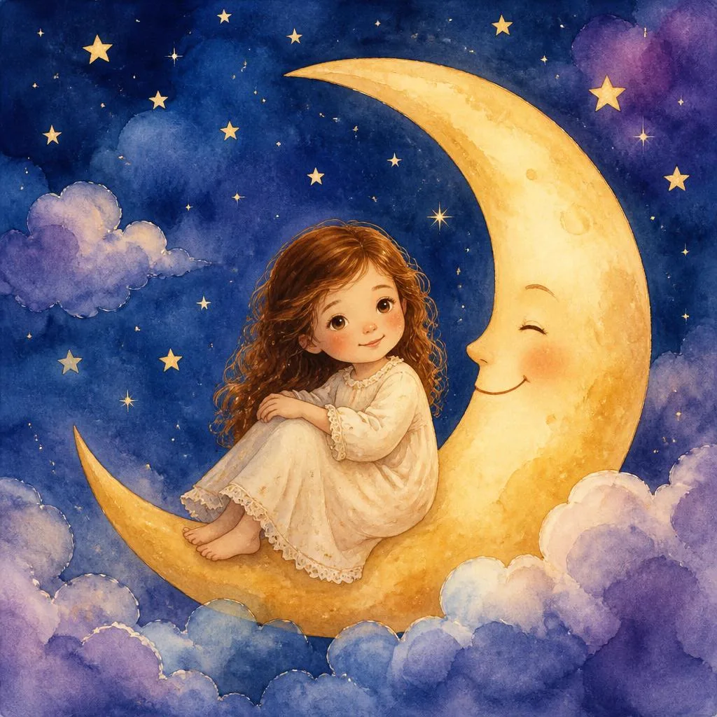 Judith assise sur un croissant de lune souriant, au-dessus des nuages.