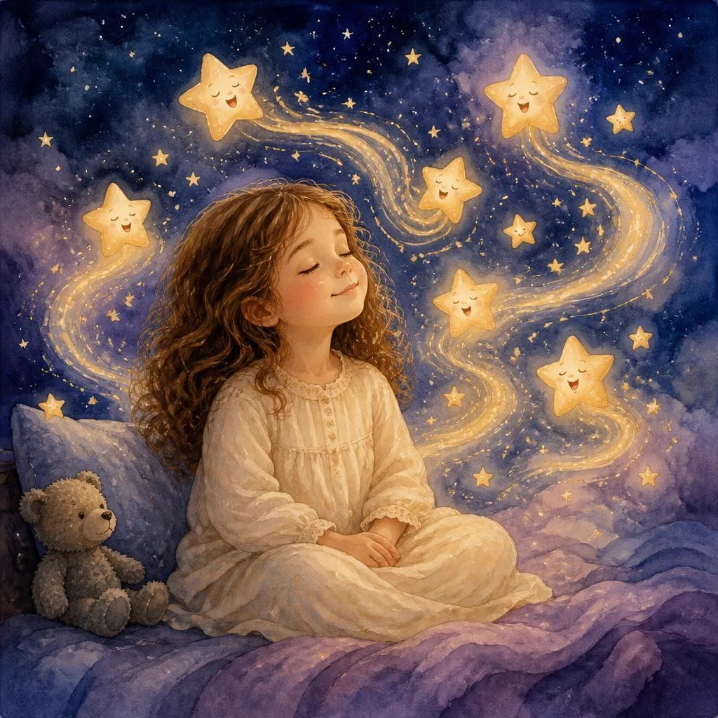 Judith, les yeux fermés, écoute de petites étoiles lumineuses chanter autour d'elle.