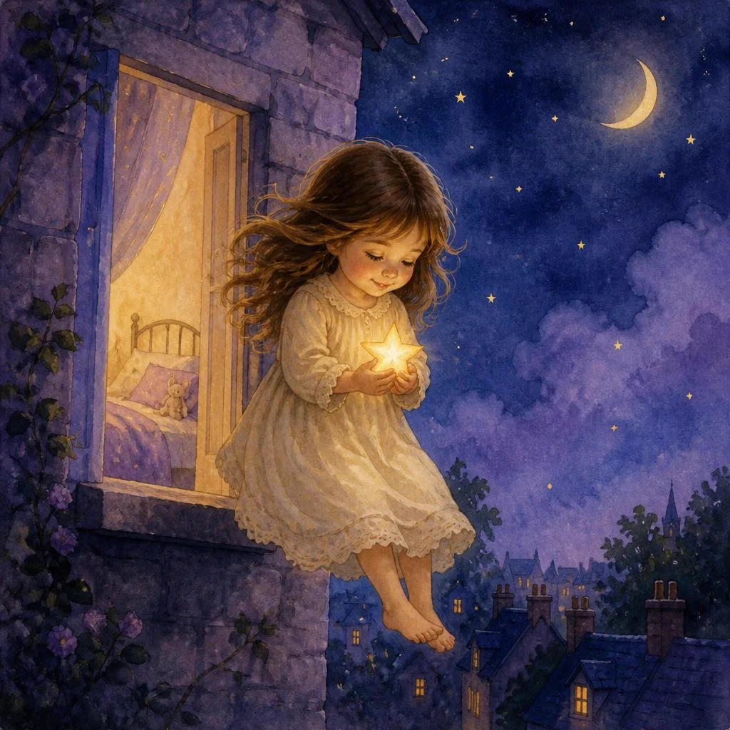 Judith redescend vers la fenêtre de sa chambre en tenant une petite étoile lumineuse.