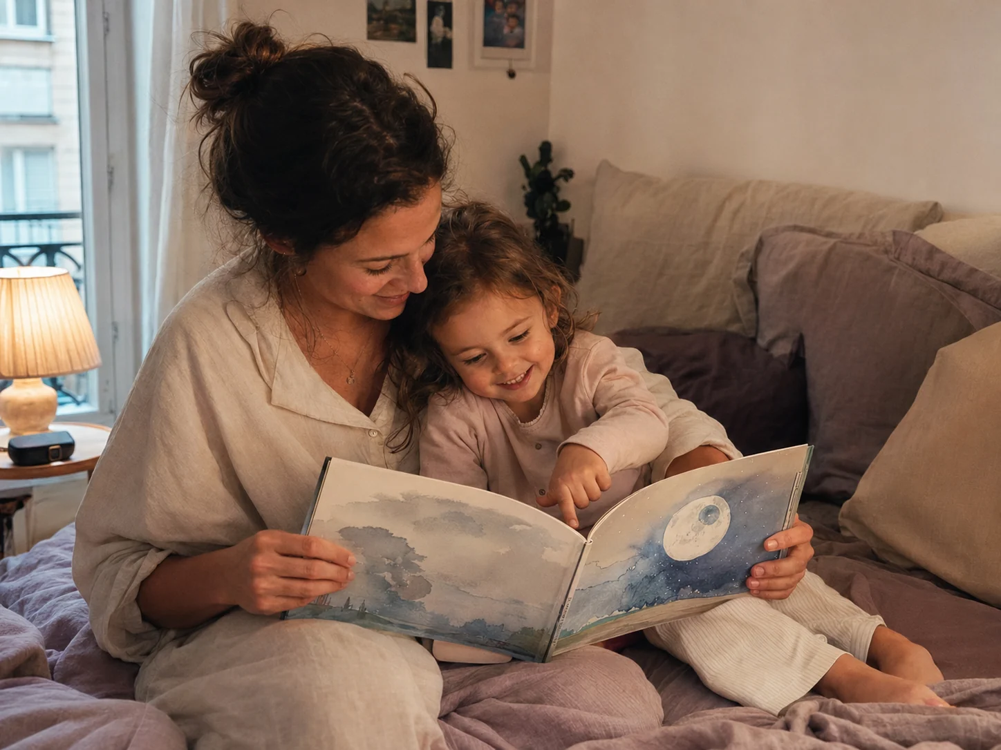 Une maman et sa petite fille, blotties dans le lit à la lumière d'une lampe, lisent ensemble le livre personnalisé ouvert sur une double page étoilée.