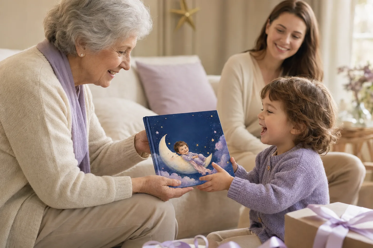 Une grand-mère offre le livre personnalisé à son petit-enfant réjoui, entourés de paquets cadeaux au ruban lilas.