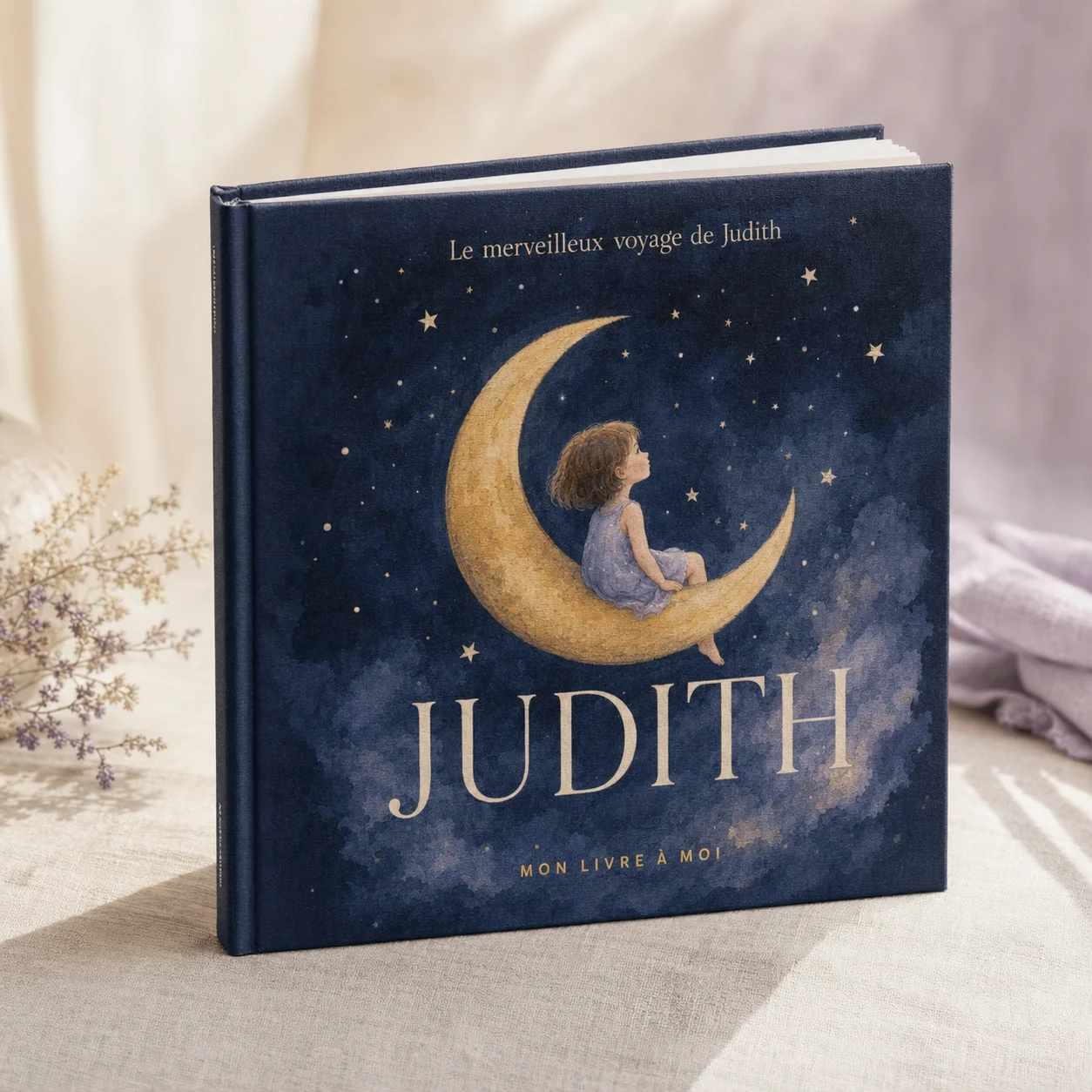 Le livre personnalisé « Le merveilleux voyage de Judith » posé debout sur un lin crème : couverture rigide bleu nuit, prénom JUDITH en grand, enfant assise sur un croissant de lune doré.